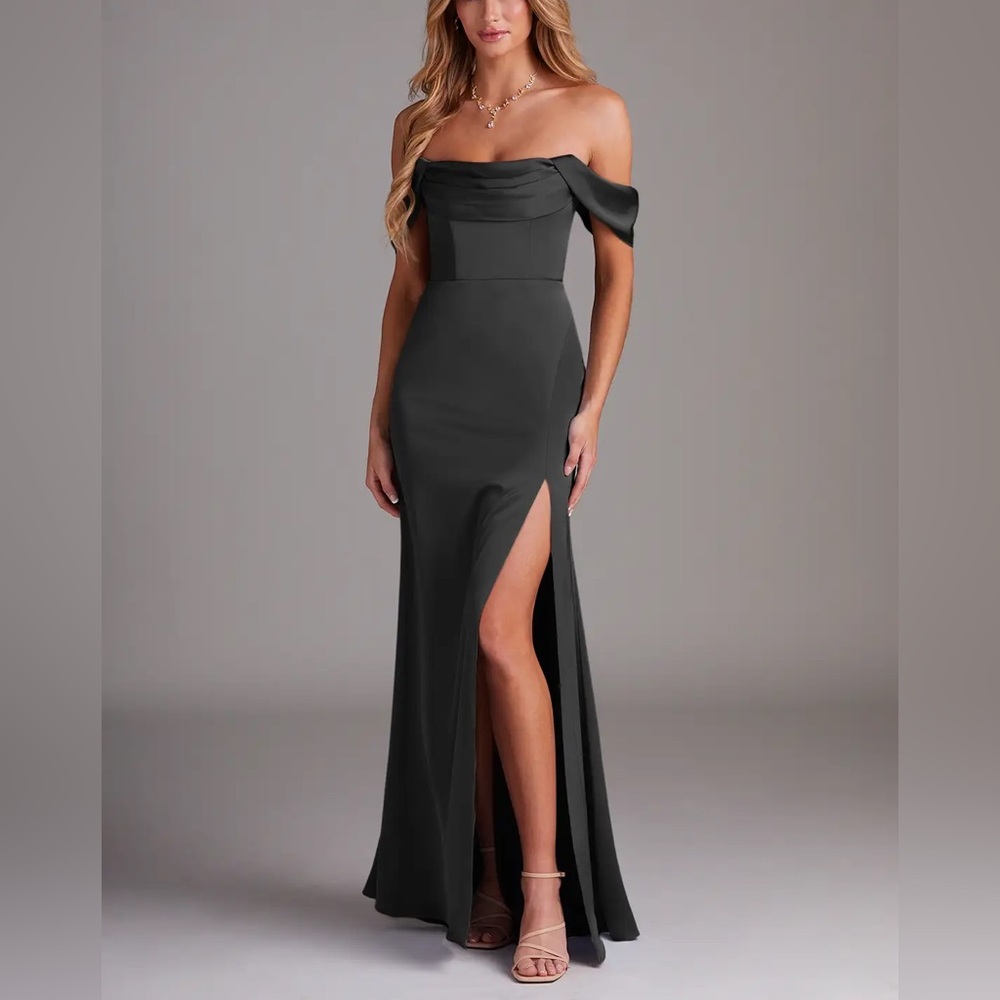 Azazie “Saige” Black Off-Shoulder Satin Gown Custom Fit (Like Size 4) ✨